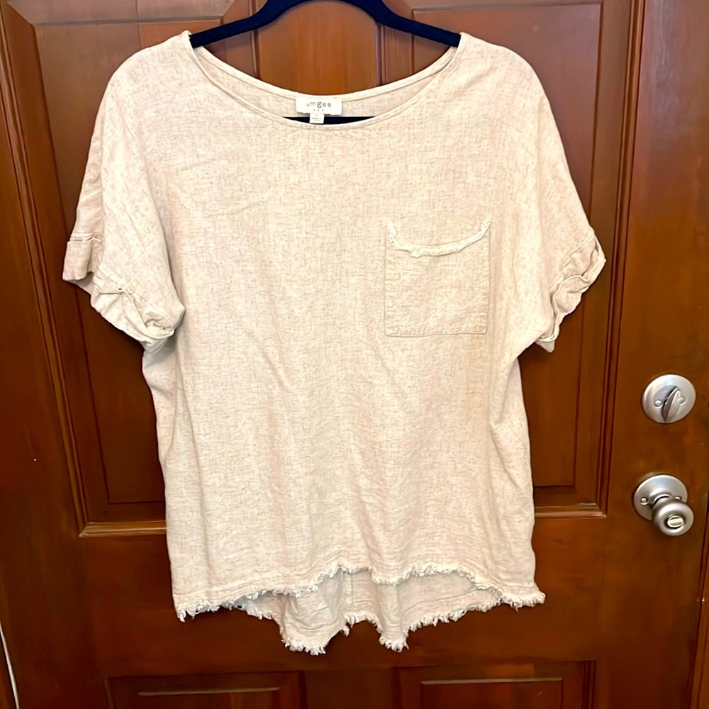 Umgee linen blend blouse, neutral color, size large